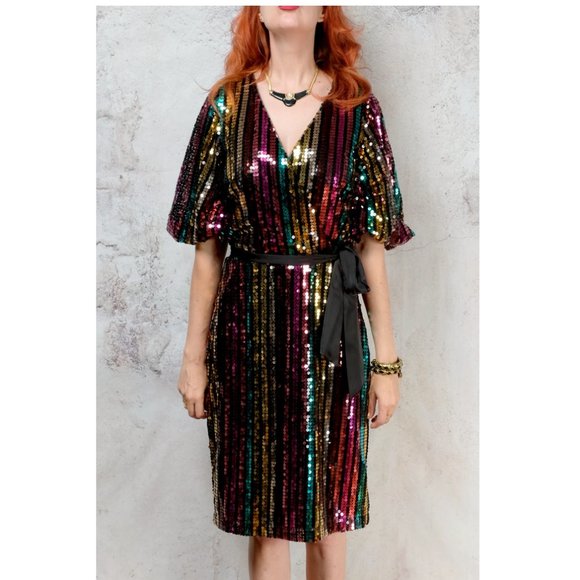 1990s does 1970s sequenced midi faux wrap dress - Picture 4 of 4
